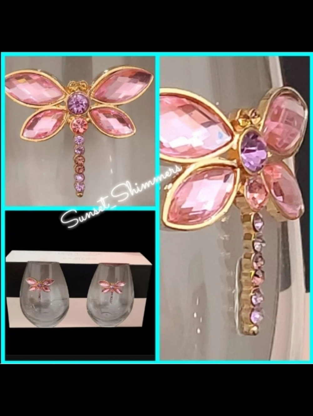 Rachel Zoe Pink Purple Jeweled Rhinestone Lucky Dragonfly Stemless Wine Glasses